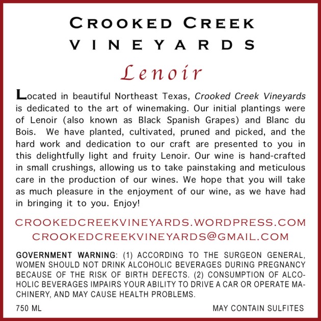 Crooked Creek Vineyards' Premier Cuveé 2011 | Back Label